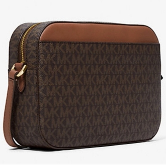 NWT Michael Kors Brown and Gold Jet Set Large Logo Gold Chain Crossbody Bag - Picture 3 of 4